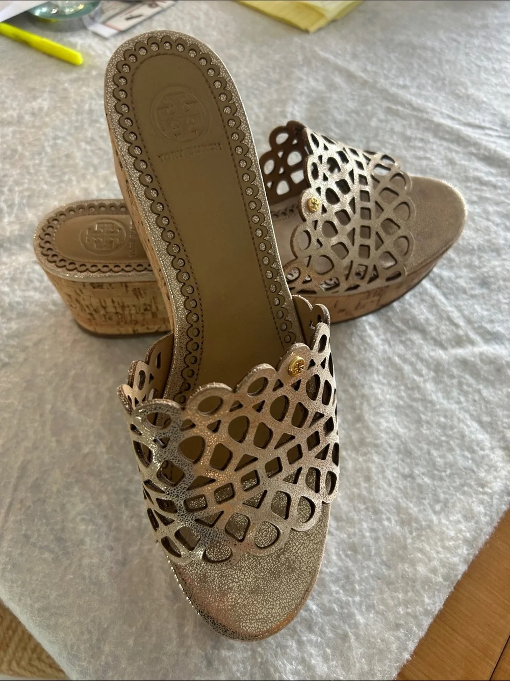 Tory Burch Champagne Laser-Cut Cork Wedge Slides